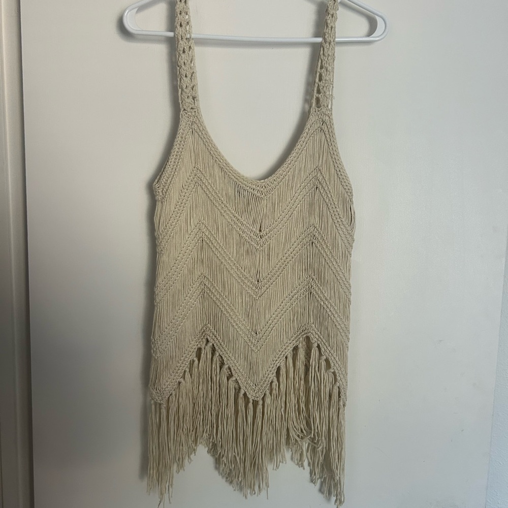 Cream Knit Tank with Fringe